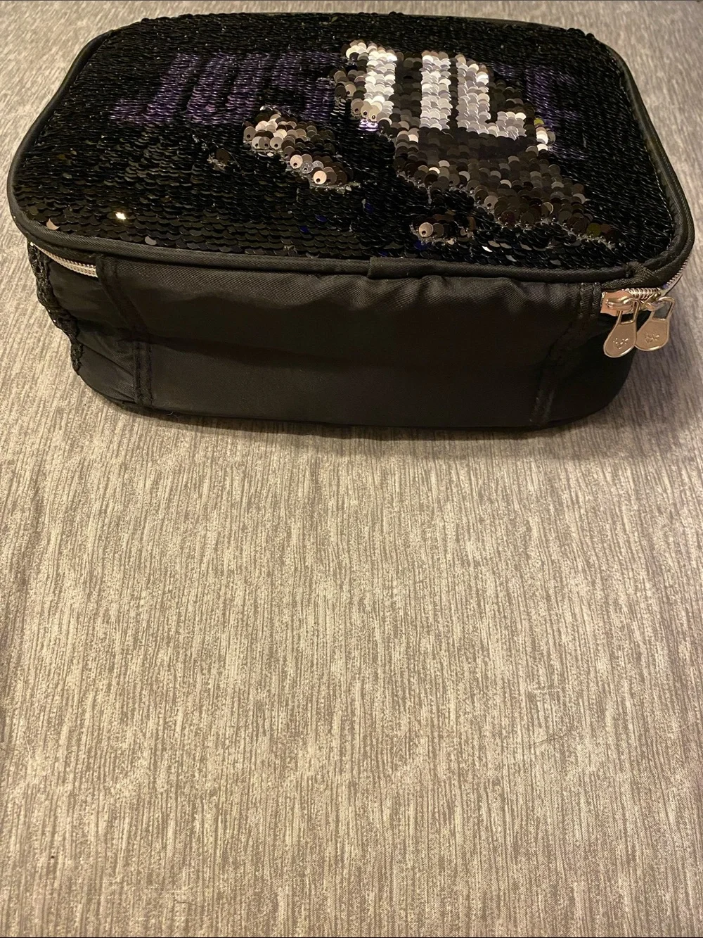 Justice Flip Sequin Lunchbox Tote w/ Crossbody Strap Black Silver & Purple NWOT